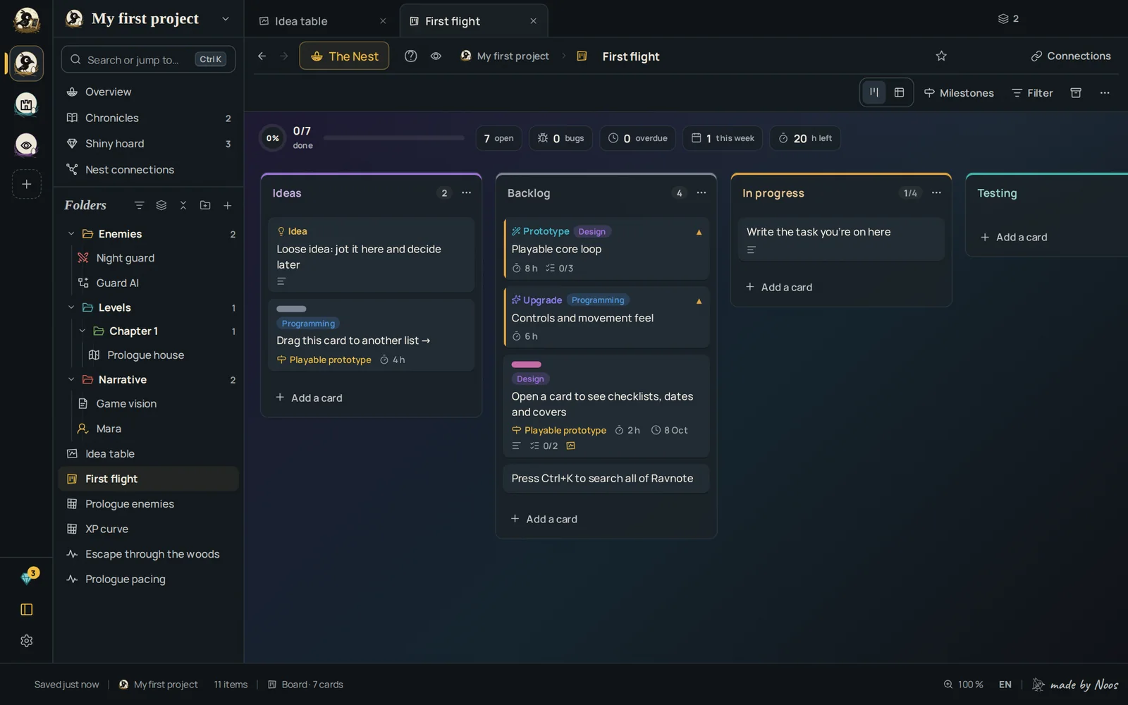 A task board with idea, backlog and in-progress lists