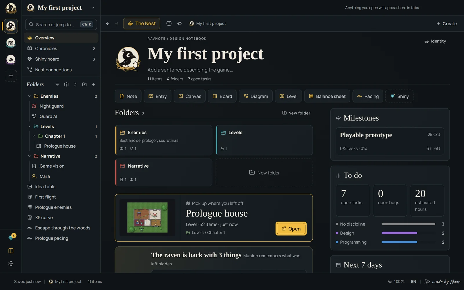 Ravnote: a project home with folders, milestones and pending work