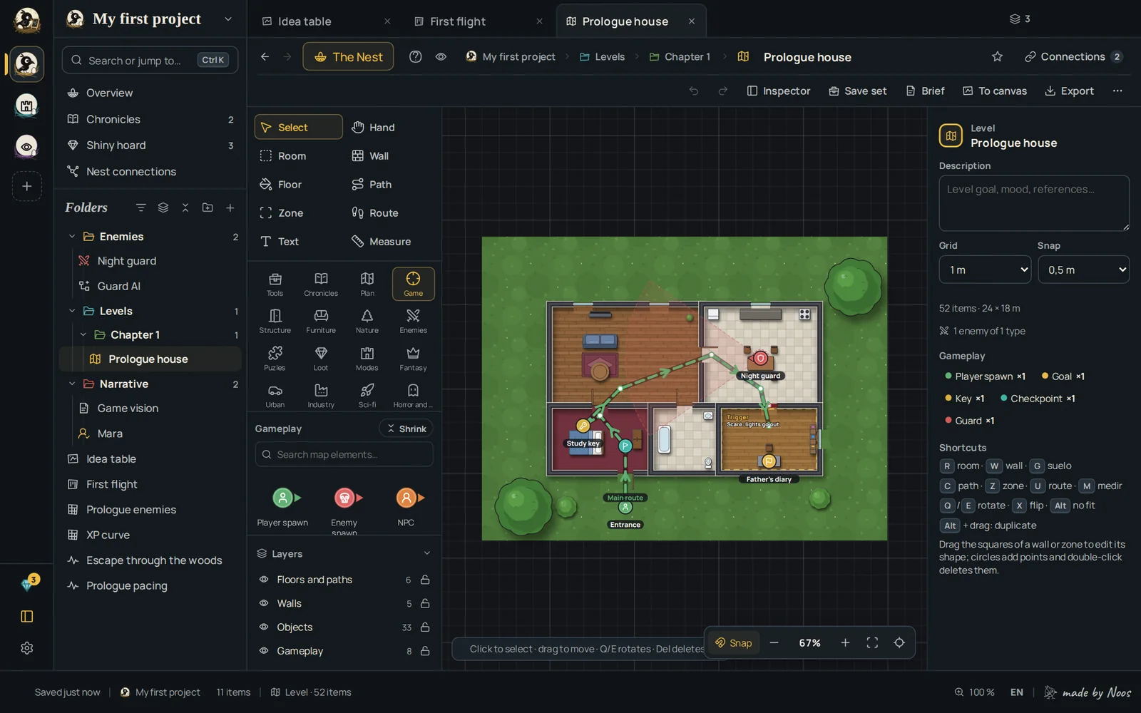 The level editor with a house, walls, furniture and placed enemies