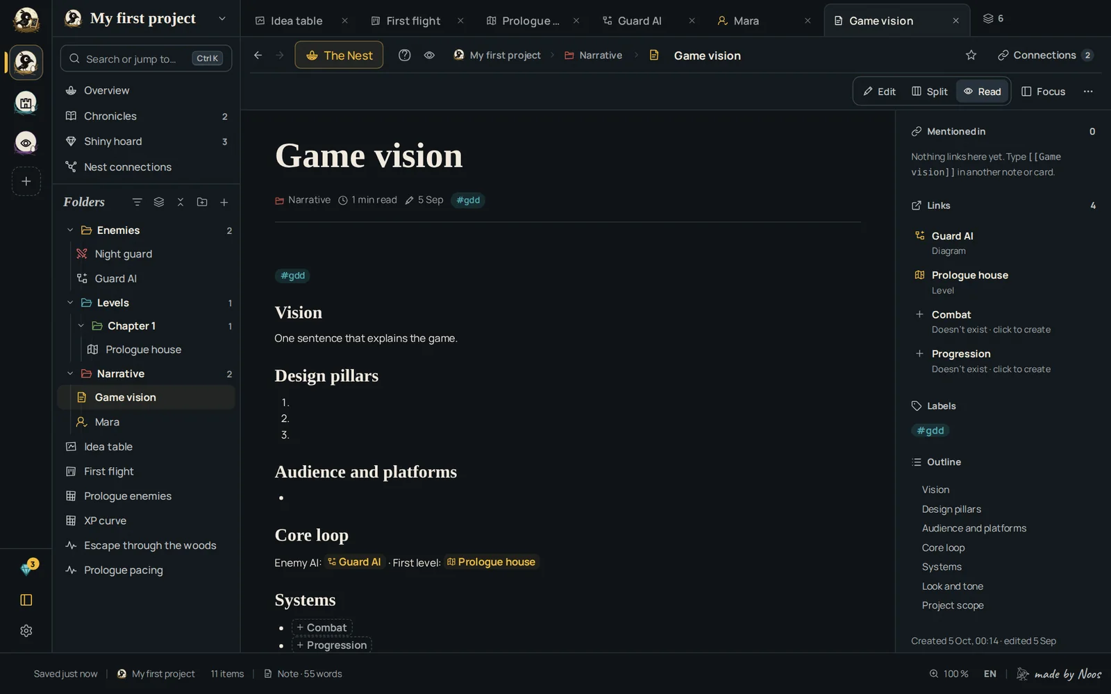 A game vision note with headings and links