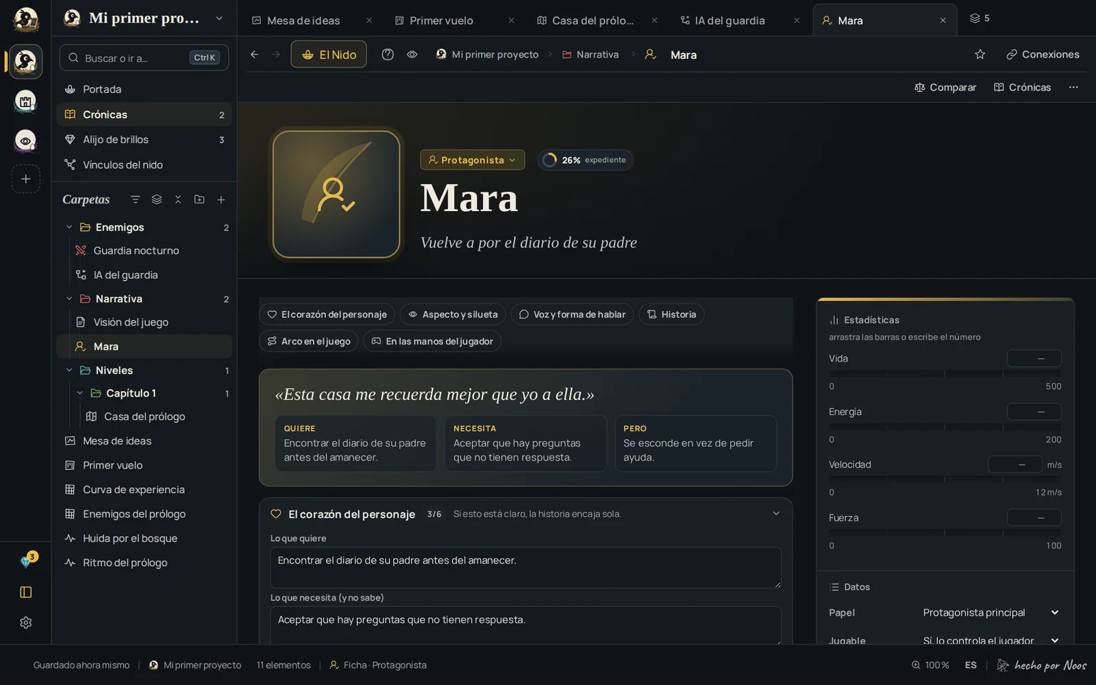 El expediente de la protagonista: lo que quiere, lo que necesita, su defecto y su arco