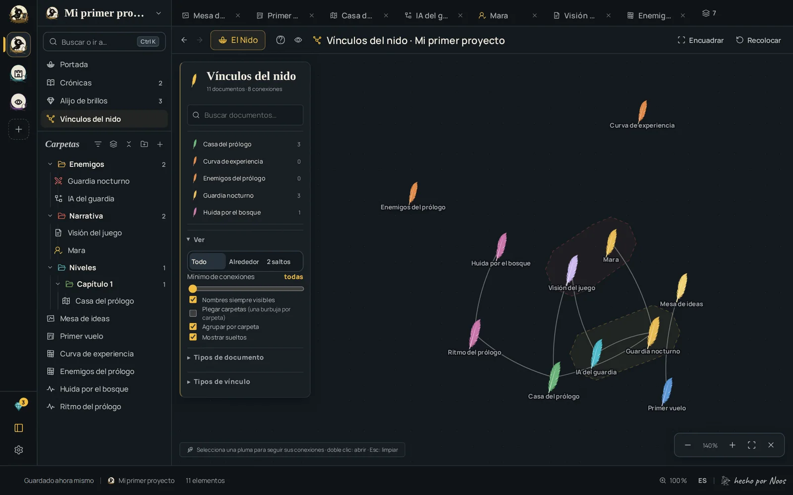El mapa de vínculos con los documentos conectados