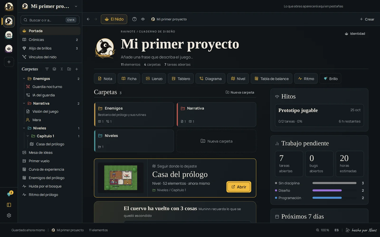 Ravnote: la portada de un proyecto con sus carpetas, hitos y trabajo pendiente
