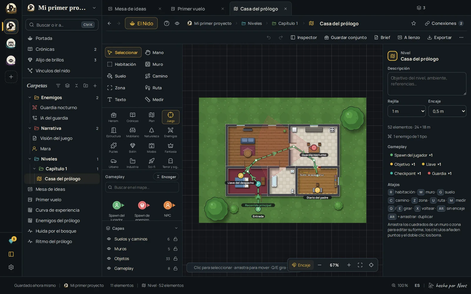 El editor de niveles con una casa, muros, muebles y enemigos colocados