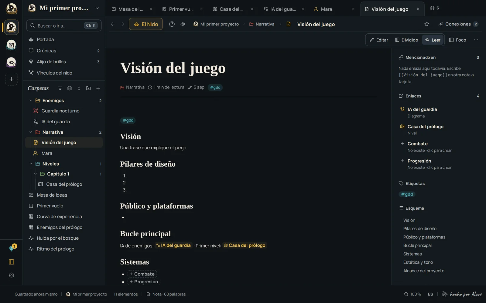 Una nota de visión del juego con títulos y enlaces